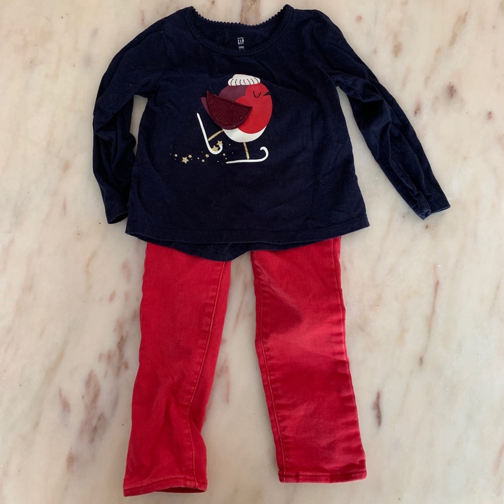 Red jeans and long sleeved shirt from the gap.